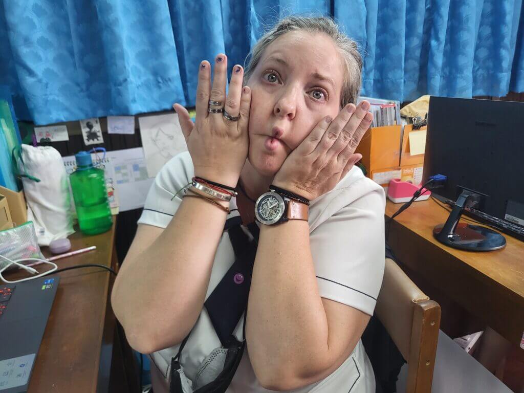 Teacher Michelle Moody being silly for a P6 Kahoot question 2023