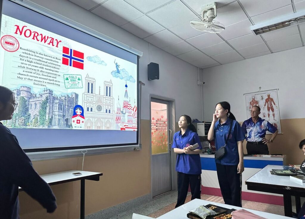 Buriram Pitthayakhom (BP) School M3 students with T. Stewart Brown doing the Norway presentations