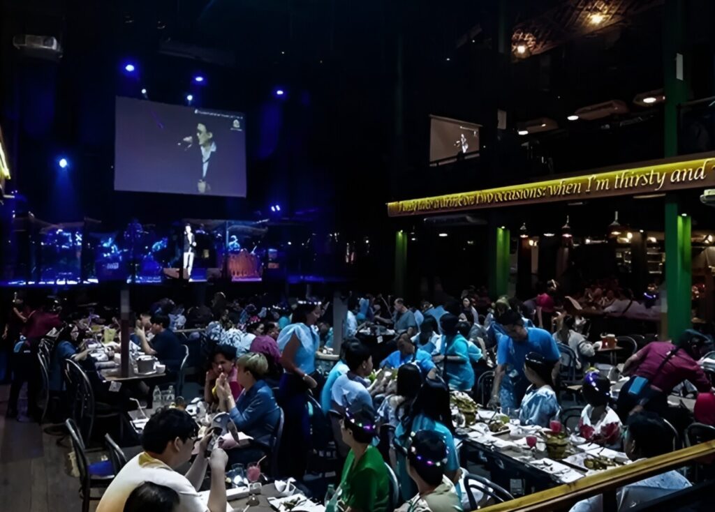 Large dinner venue with guests in themed attire watching a live singer on stage under blue lighting.