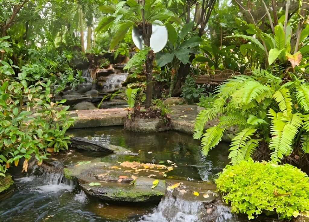 Serene garden pond with flowing water and lush greenery