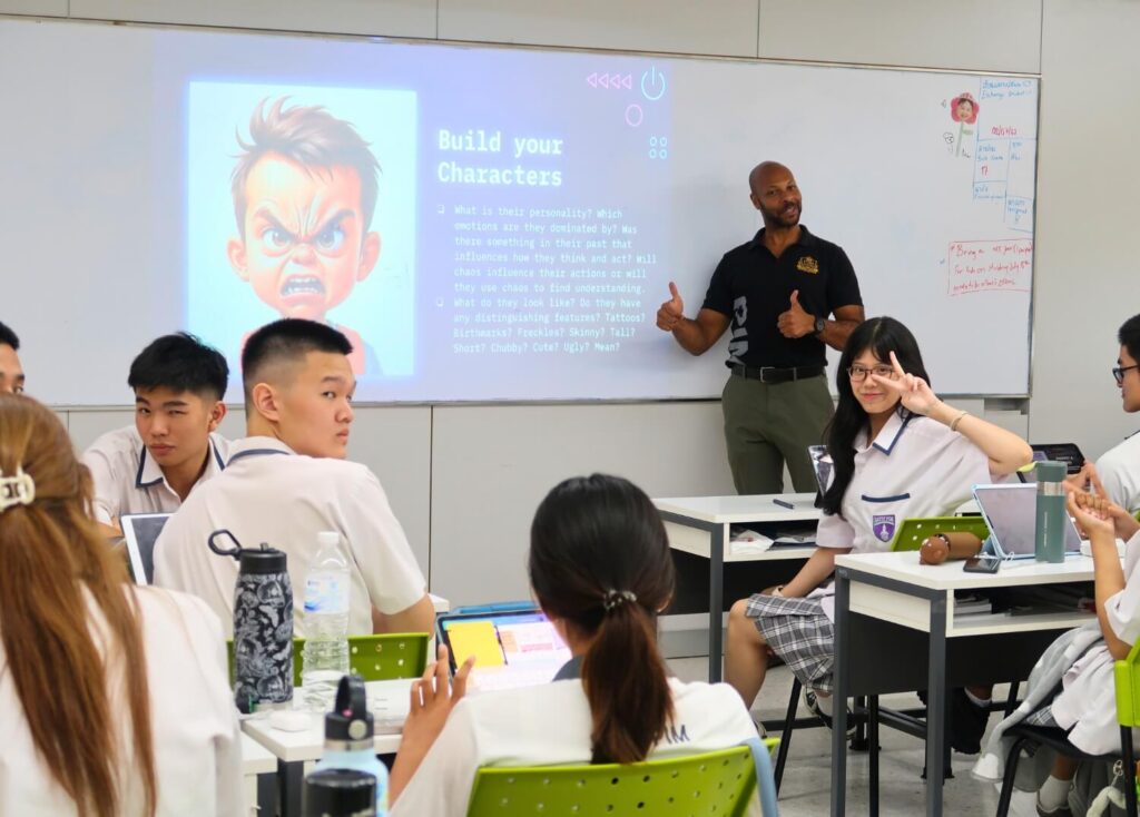 Teacher Vic leading a creative character-building lesson with high school students when he was at SPIM under the BFITS Thailand Program